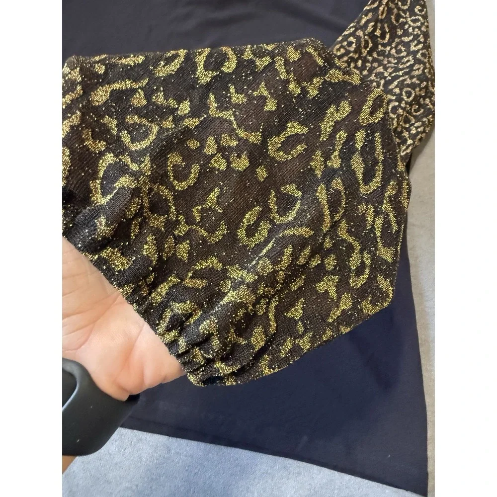 NEW Michael Kors Blouse Black Gold Leopard Print Ruffle Tie Neck Long Sleeve Lrg